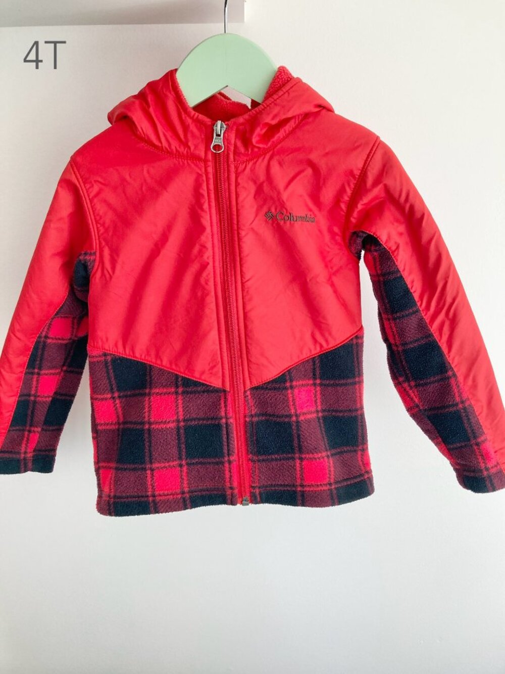💙2/$25 Columbia 4T Toddler Red Checker Plaid Fleece Zip Hood Jacket Fall Winter